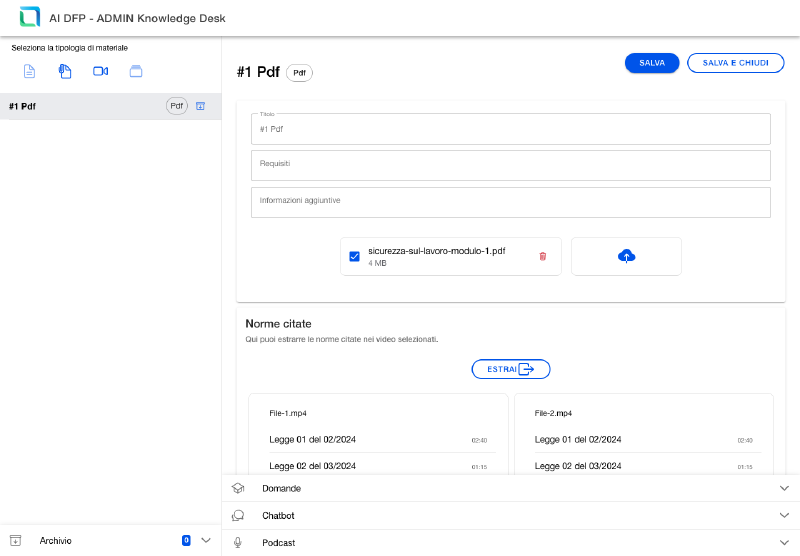 Element editor with metadata form, uploaded PDF attachment, and upload tile