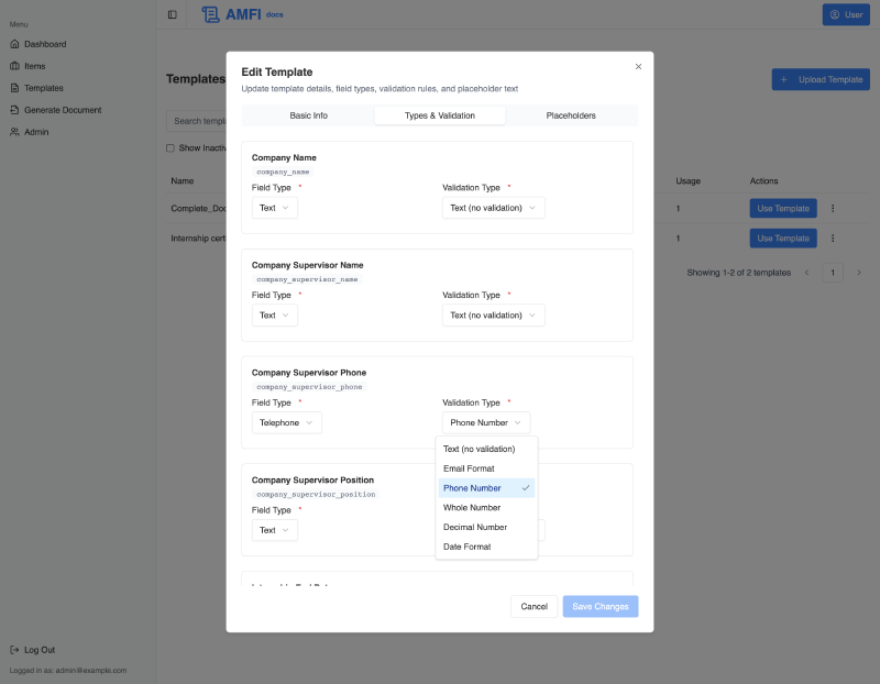 Edit template — Types & Validation, with the validation dropdown open