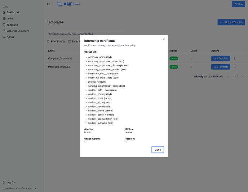 Template preview showing auto-detected types