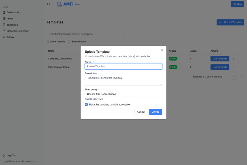 Upload template modal