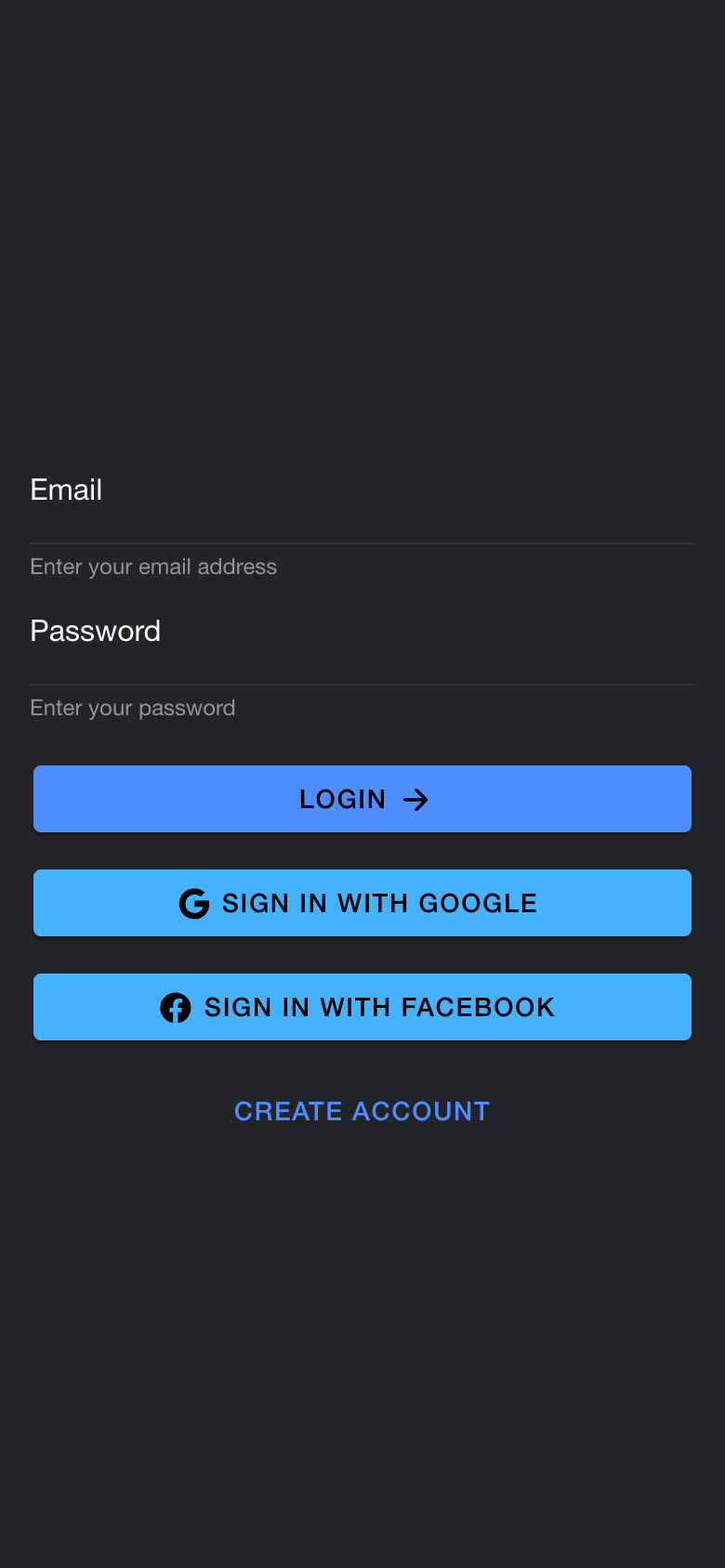 Login screen with Google and Facebook sign-in